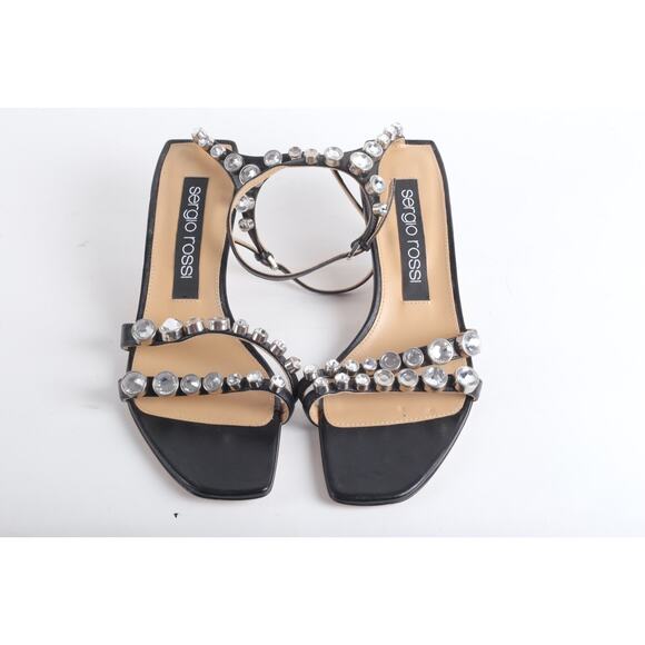 SERGIO ROSSI Black 50 Crystal Rhinestone Embellished Ankle Strap Sandals Sz 38.5